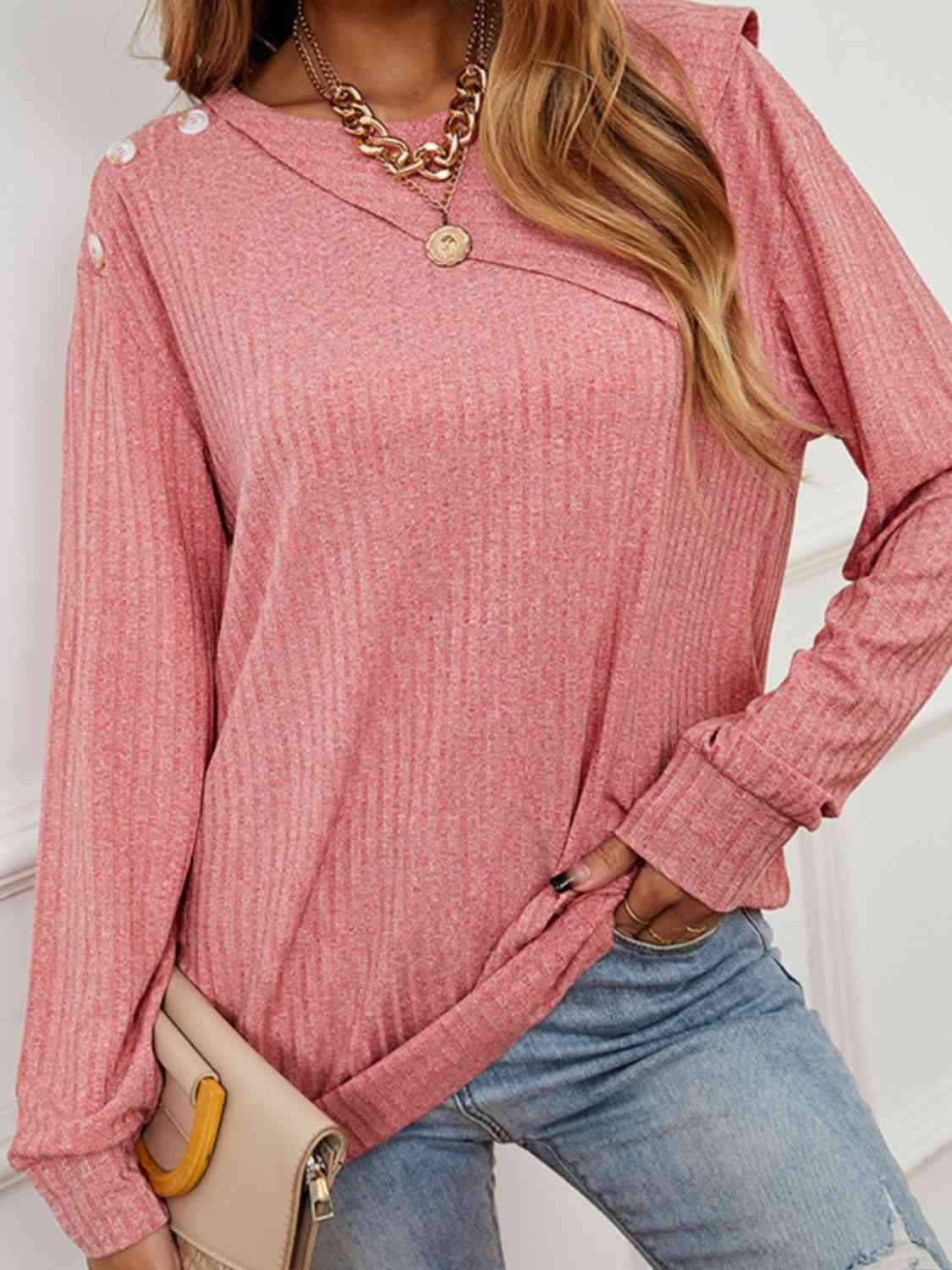 Asymmetrical Round Neck Buttoned Dropped Shoulder Tee Women's T-Shirts - Tophatter Daily Deals