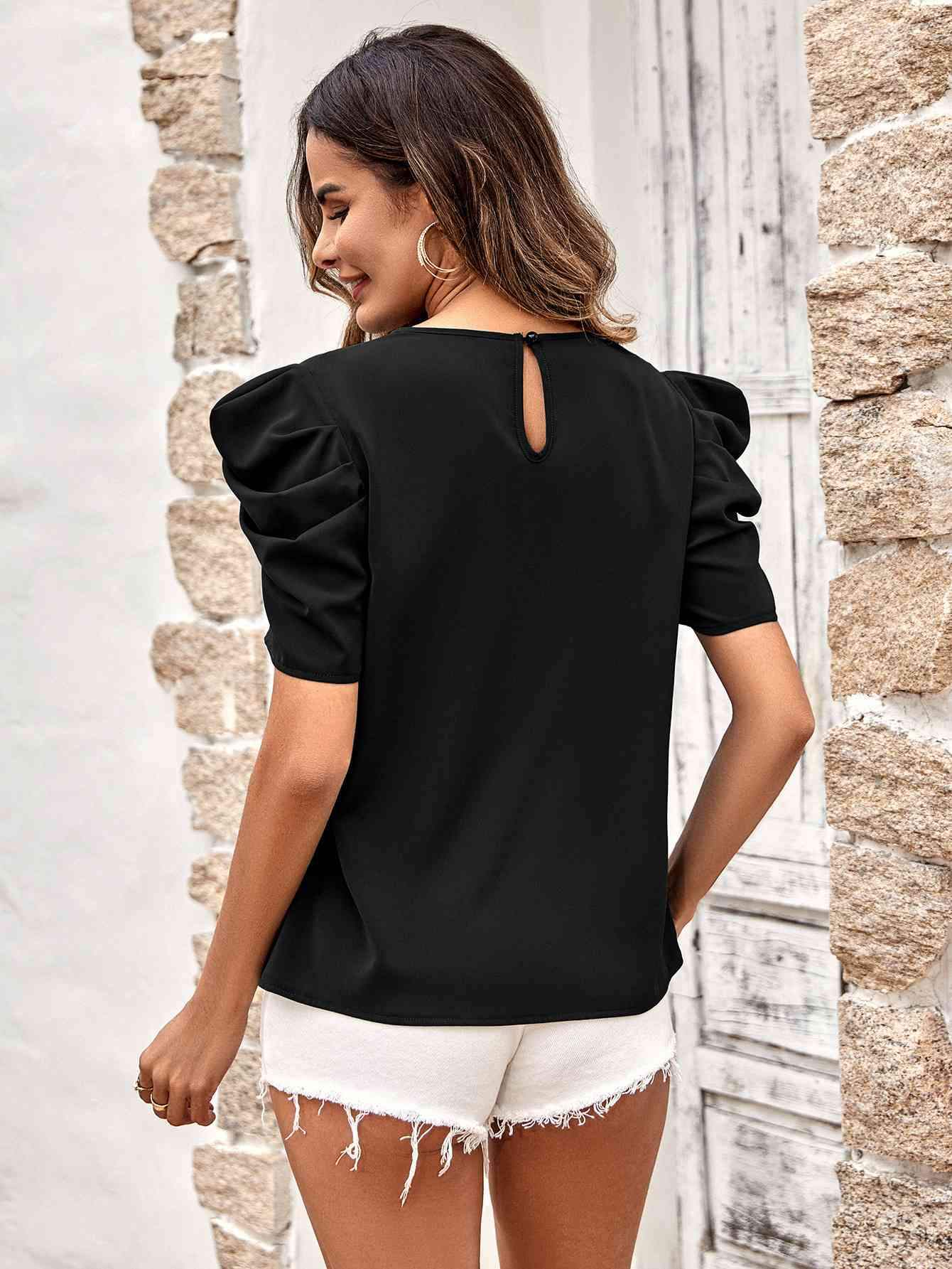 Puff Sleeve Gathered Detail Blouse Blouses - Tophatter Daily Deals