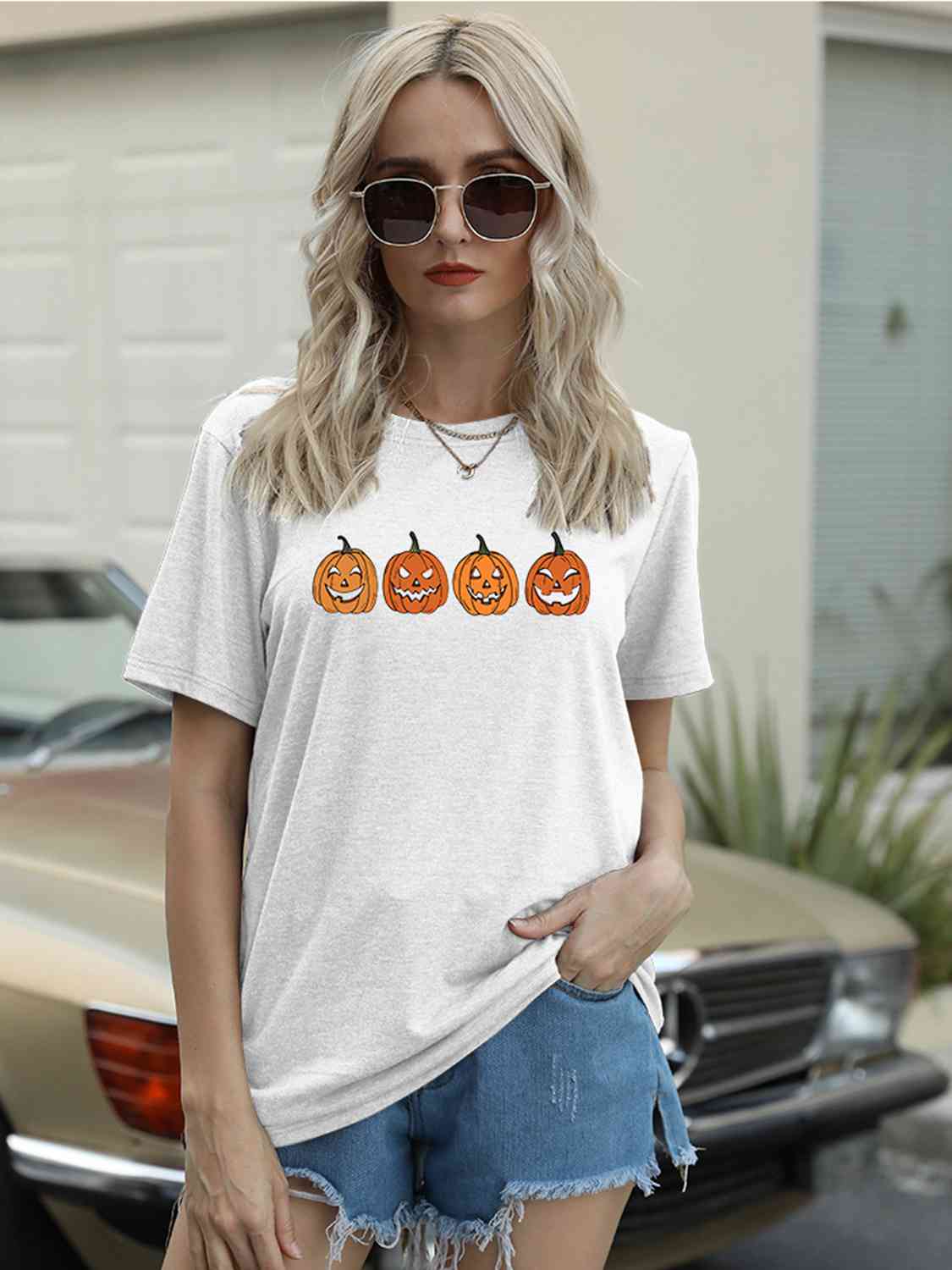 Full Size Round Neck Short Sleeve Jack-O'-Lantern Graphic T-Shirt White Women's T-Shirts - Tophatter Daily Deals