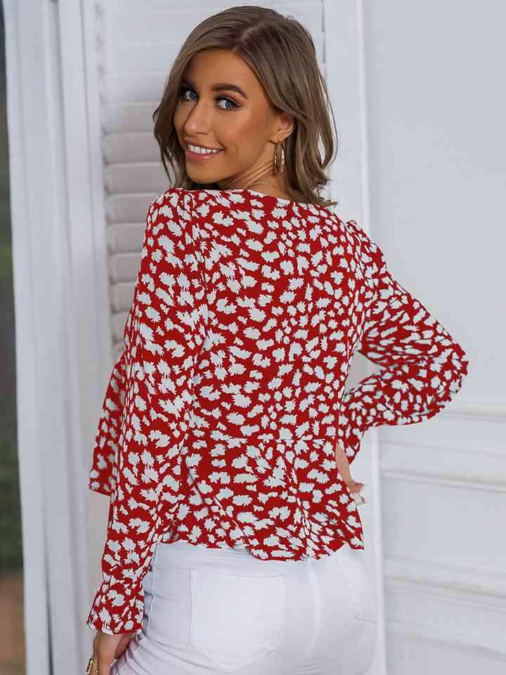 Printed V-Neck Flounce Sleeve Blouse Blouses - Tophatter Daily Deals