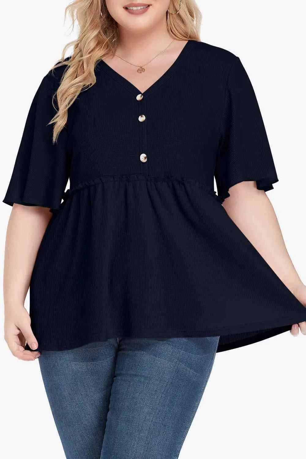 Plus Size Buttoned V-Neck Frill Trim Babydoll Blouse Blouses - Tophatter Daily Deals