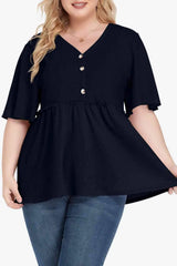 Plus Size Buttoned V-Neck Frill Trim Babydoll Blouse Blouses - Tophatter Daily Deals