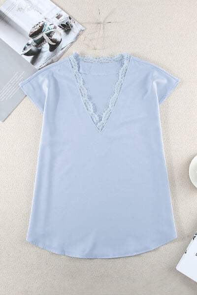 Lace Detail V-Neck Cap Sleeve T-Shirt Misty Blue Women's T-Shirts - Tophatter Daily Deals