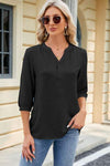 Notched Three-Quarter Sleeve T-Shirt Black Women's T-Shirts - Tophatter Daily Deals