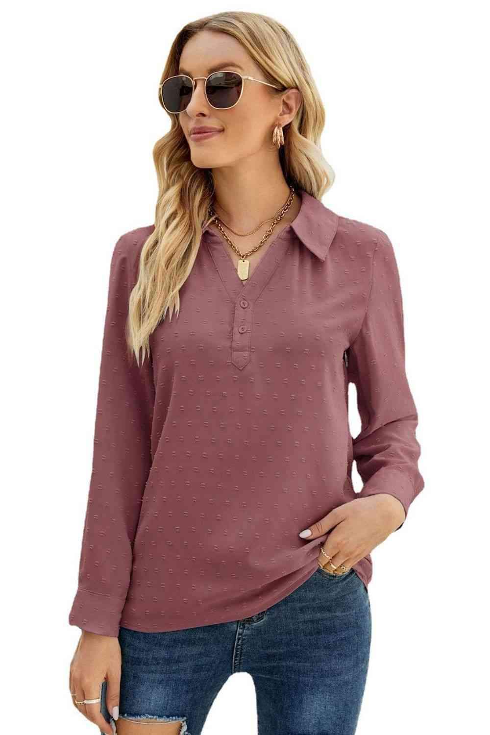 Swiss Dot Johnny Collar Blouse Blouses - Tophatter Daily Deals