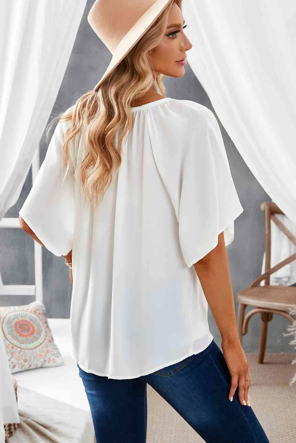 Gathered Detail Notched Neck Flutter Sleeve Top Blouses - Tophatter Daily Deals