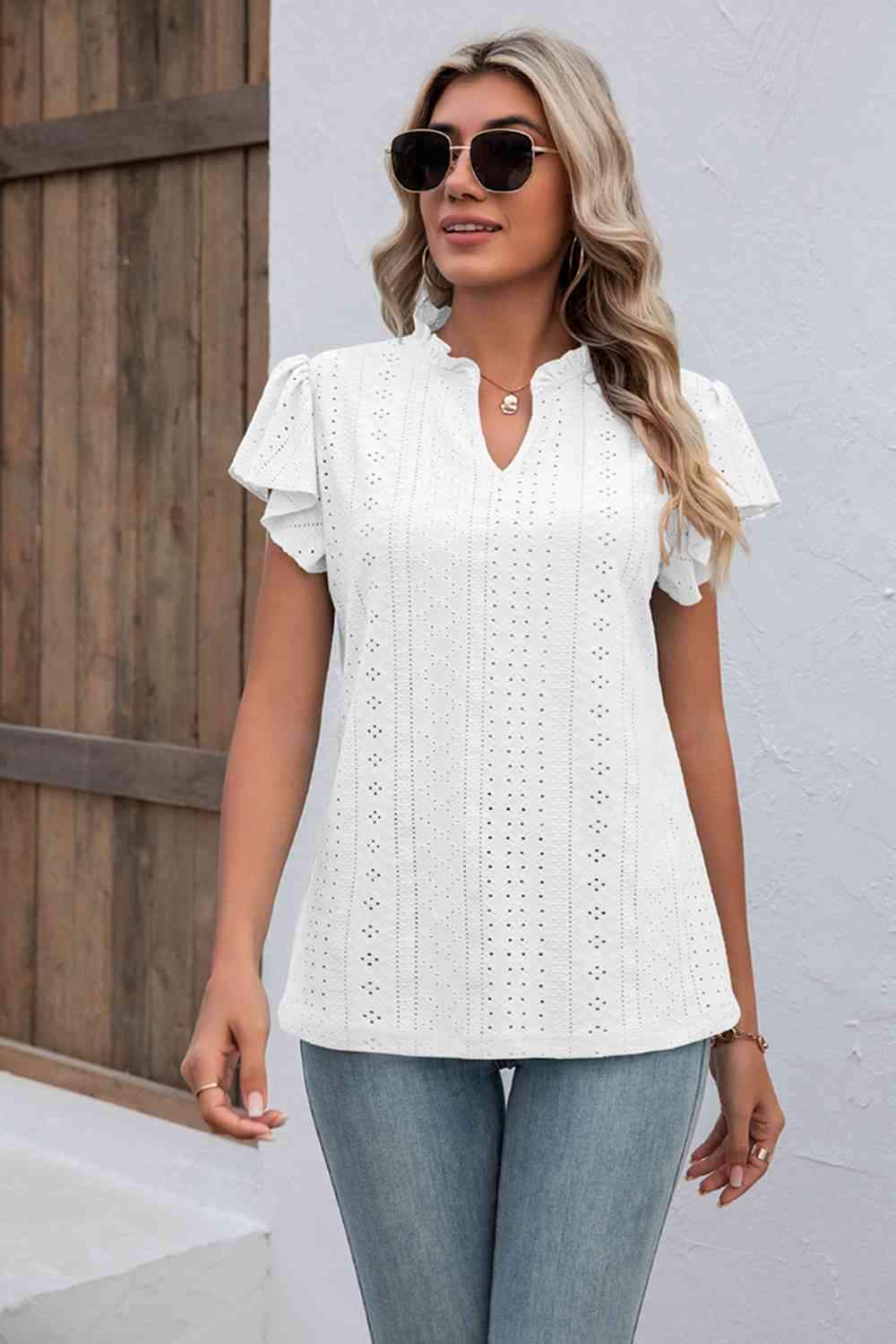 Eyelet Notched Neck Flutter Sleeve Top Women's T-Shirts - Tophatter Daily Deals