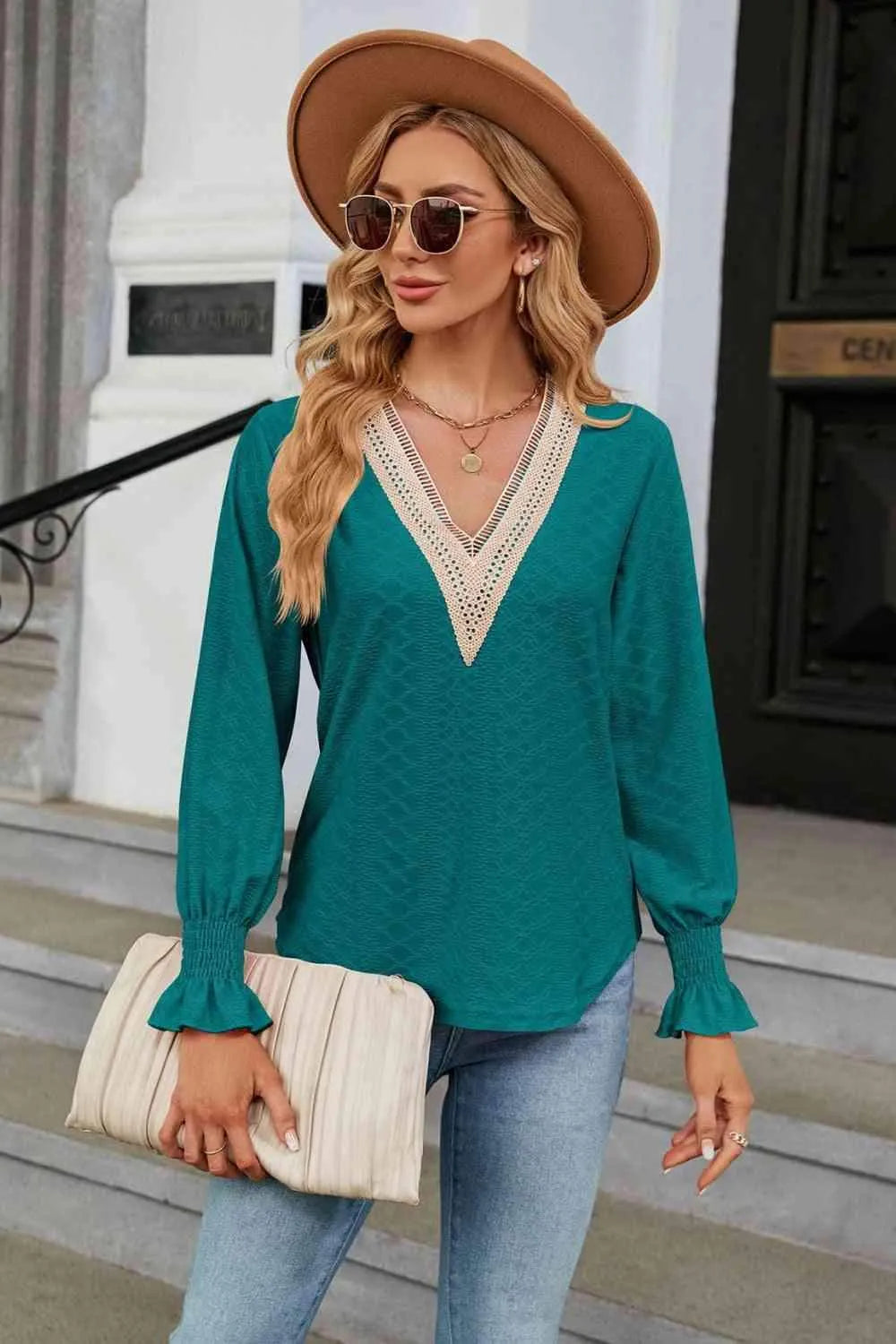 V-Neck Flounce Sleeve Blouse Blouses - Tophatter Daily Deals