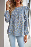 Printed Round Neck Long Sleeve Blouse Cloudy Blue Blouses - Tophatter Daily Deals