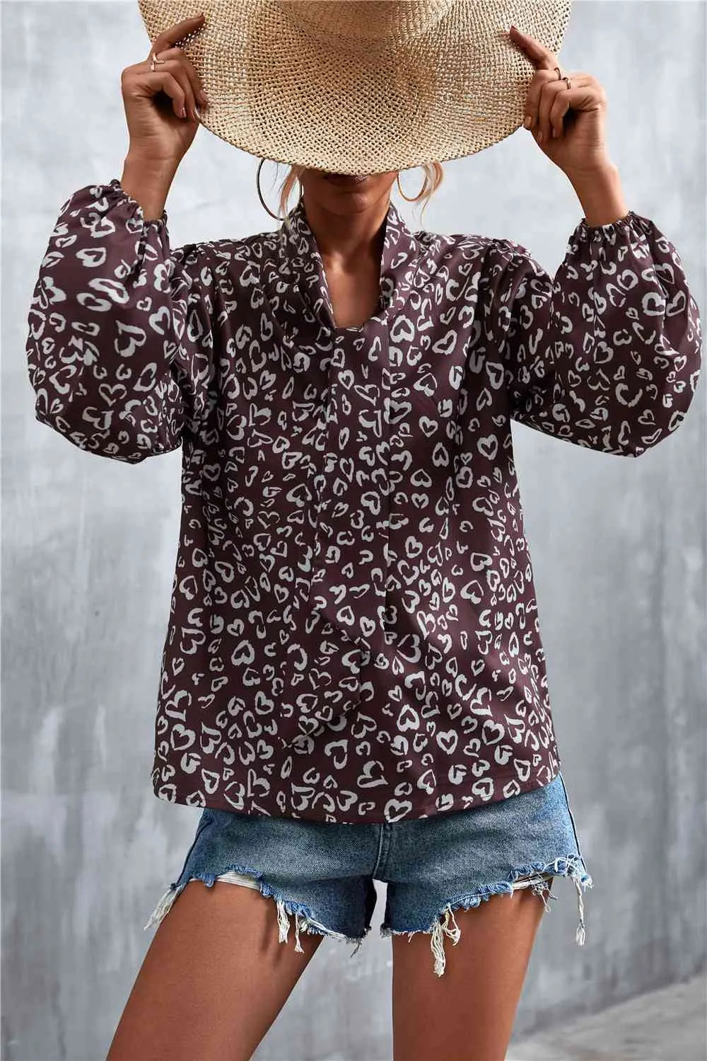 Printed Tie Neck Puff Sleeve Blouse Blouses - Tophatter Daily Deals