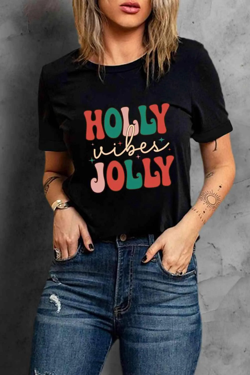 HOLLY JOLLY Graphic Short Sleeve T-Shirt Black Women's T-Shirts - Tophatter Daily Deals