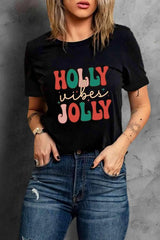 HOLLY JOLLY Graphic Short Sleeve T-Shirt Black Women's T-Shirts - Tophatter Daily Deals