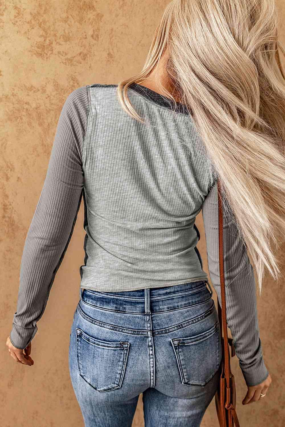 Color Block Exposed Seam Long Sleeve Top Blouses - Tophatter Daily Deals