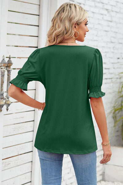 Smocked Square Neck Short Sleeve T-Shirt Women's T-Shirts - Tophatter Daily Deals