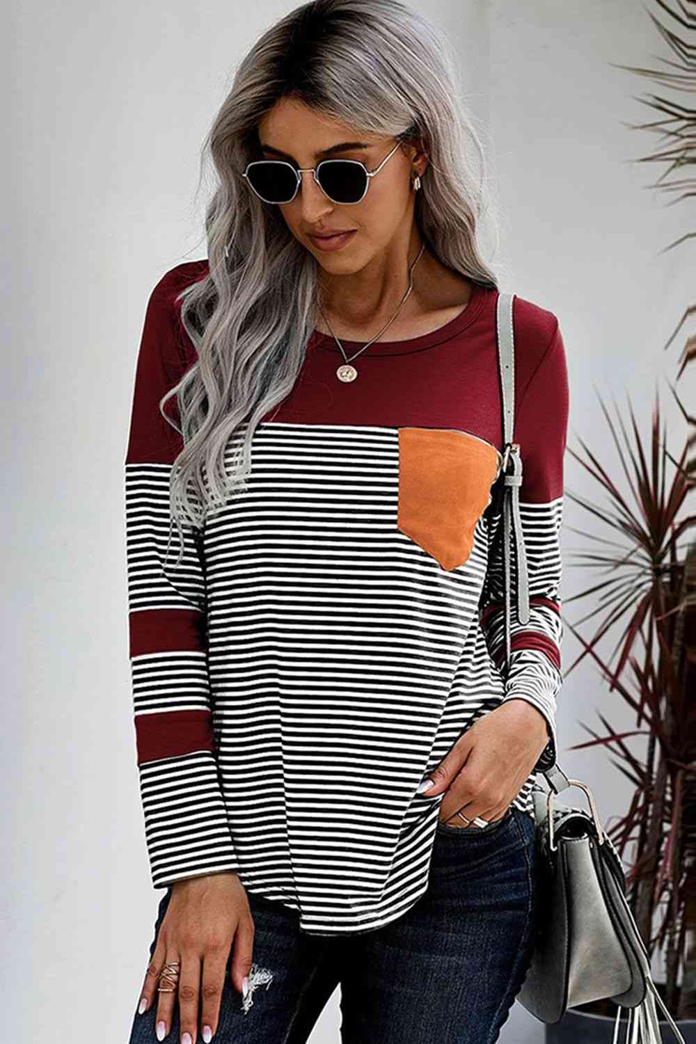 Striped Round Neck Long Sleeve T-Shirt Wine Women's T-Shirts - Tophatter Daily Deals