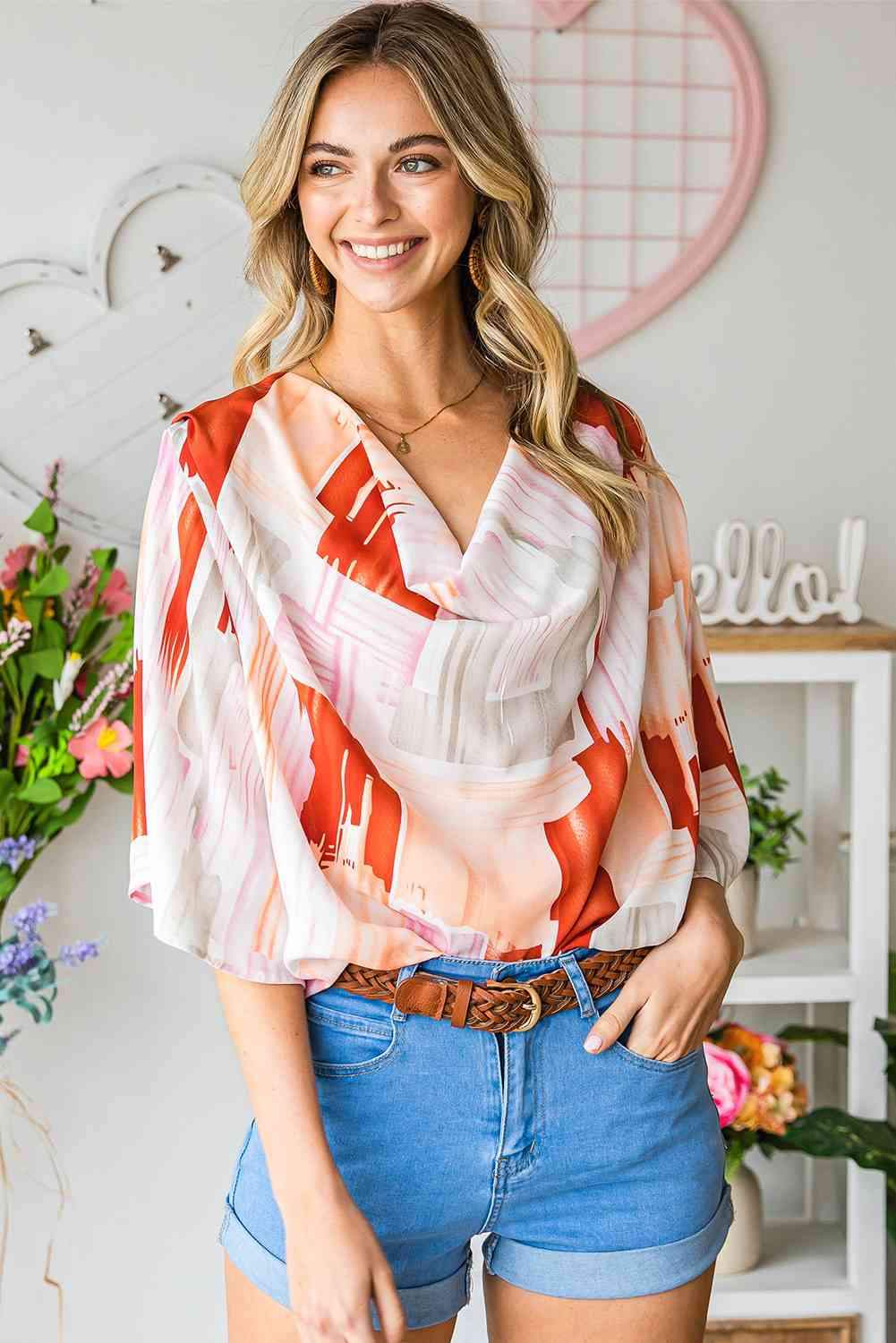 Printed Cowl Neck Half Sleeve Blouse Blouses - Tophatter Daily Deals