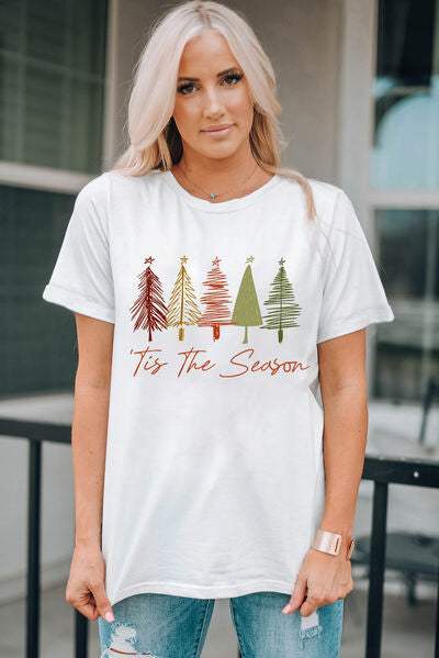 Christmas Tree Graphic Round Neck Short Sleeve T-Shirt Women's T-Shirts - Tophatter Daily Deals