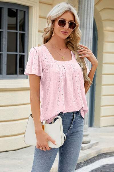 Eyelet Square Neck Short Sleeve T-Shirt Women's T-Shirts - Tophatter Daily Deals