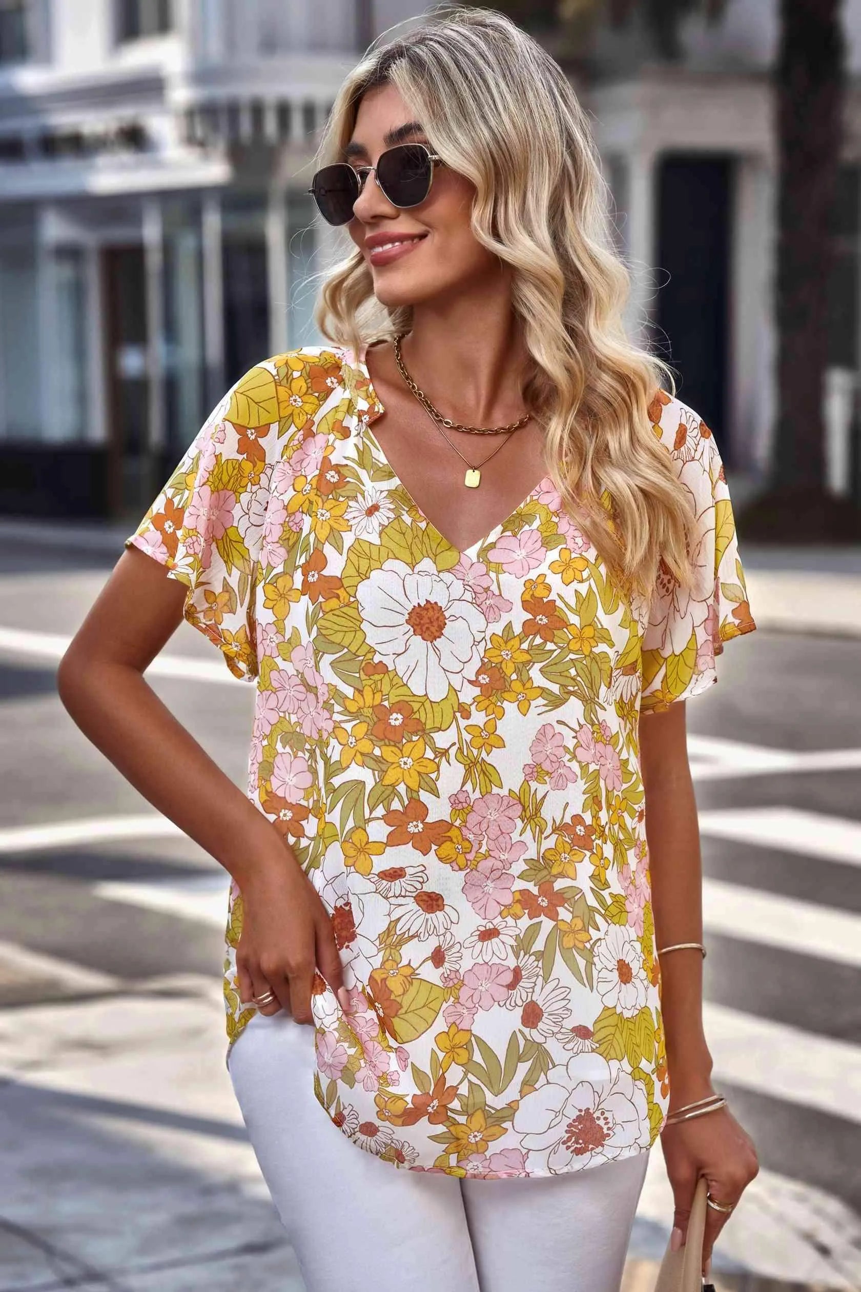 Floral Notched Neck Flutter Sleeve Blouse Blouses - Tophatter Daily Deals