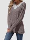 Lace Detail V-Neck Long Sleeve Top Women's T-Shirts - Tophatter Daily Deals