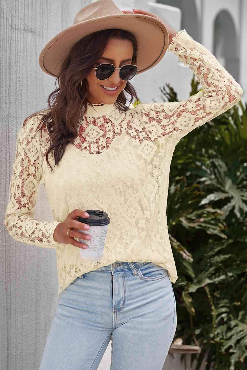 Mock Neck Long Sleeve Lace Top Beige Blouses - Tophatter Daily Deals