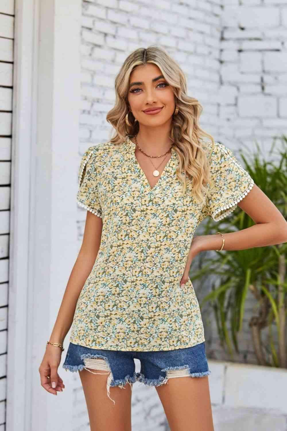 Floral Notched Neck Blouse Pastel Yellow Blouses - Tophatter Daily Deals