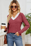 Lace Detail V-Neck Long Sleeve T-Shirt Women's T-Shirts - Tophatter Daily Deals