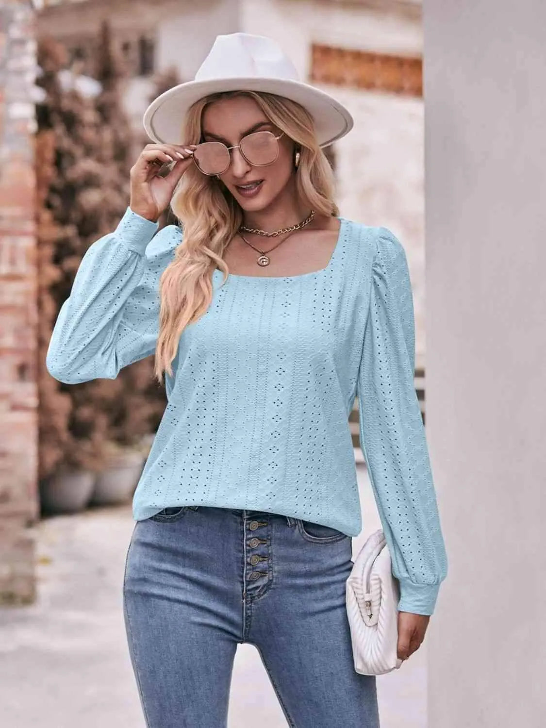 Double Take Eyelet Square Neck Puff Sleeve Blouse Blouses - Tophatter Daily Deals