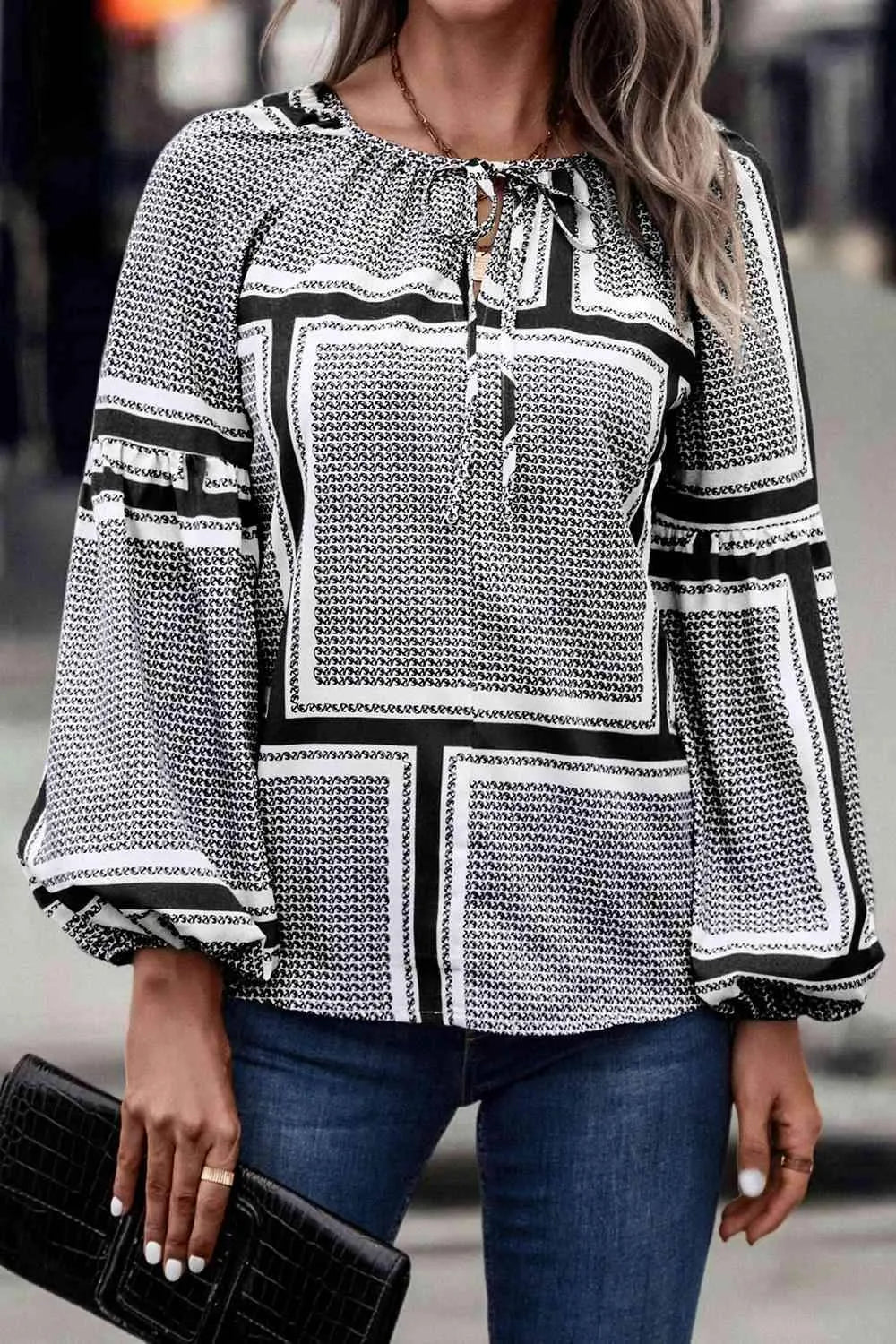 Printed Tie Neck Balloon Sleeve Blouse Blouses - Tophatter Daily Deals