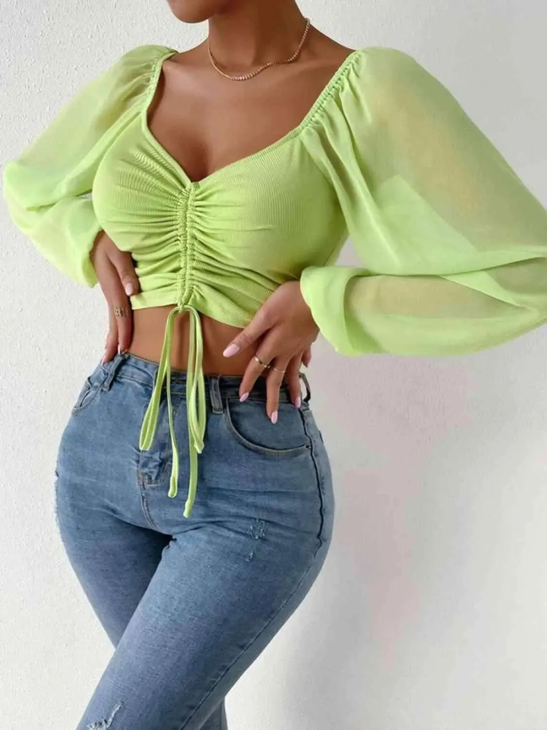 Drawstring Sweetheart Neck Cropped Top Lime Blouses - Tophatter Daily Deals