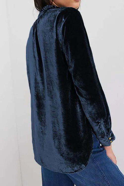Notched Neck Buttoned Long Sleeve Velvet Blouse Blouses - Tophatter Daily Deals