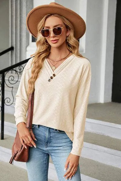V-Neck Long Sleeve T-Shirt Cream Women's T-Shirts - Tophatter Daily Deals