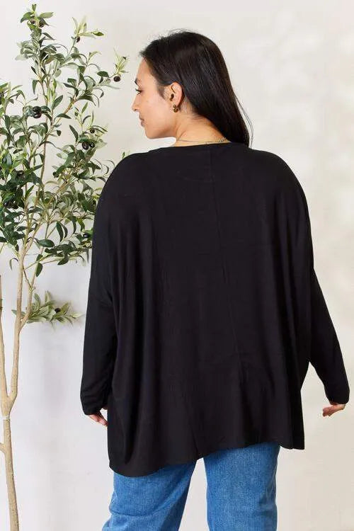 Zenana Full Size Round Neck Long Sleeve Top with Pocket Blouses - Tophatter Daily Deals