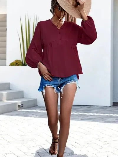 V-Neck Buttoned Balloon Sleeve Blouse Blouses - Tophatter Daily Deals