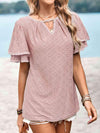 Eyelet Round Neck Puff Sleeve Blouse Blouses - Tophatter Daily Deals