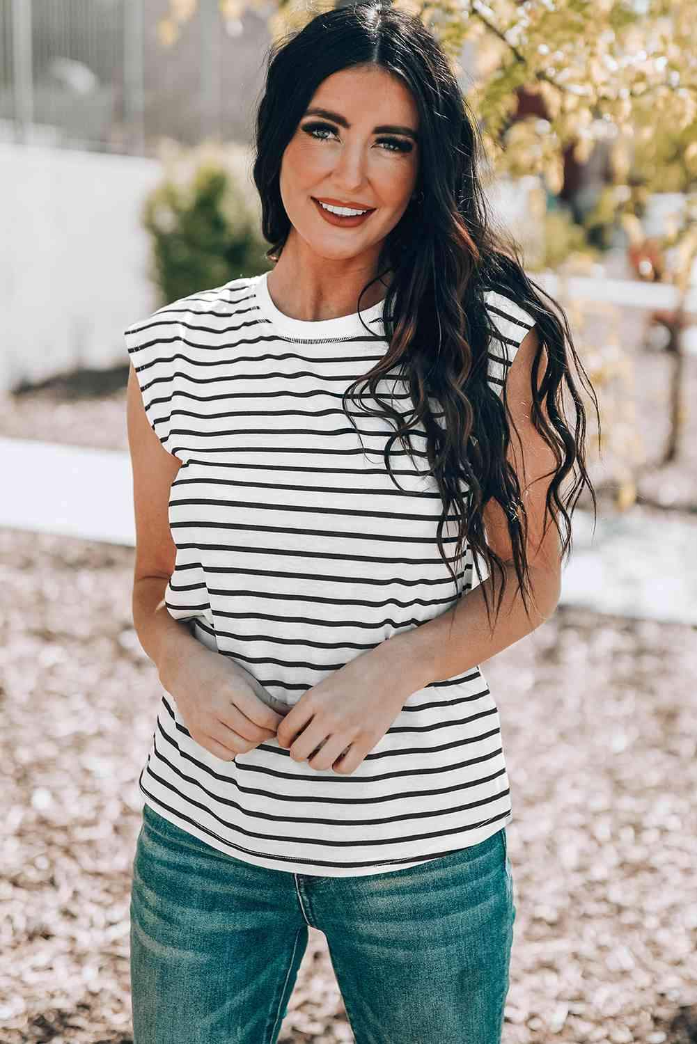 Striped Round Neck Capped Sleeve Top Stripe Blouses - Tophatter Daily Deals