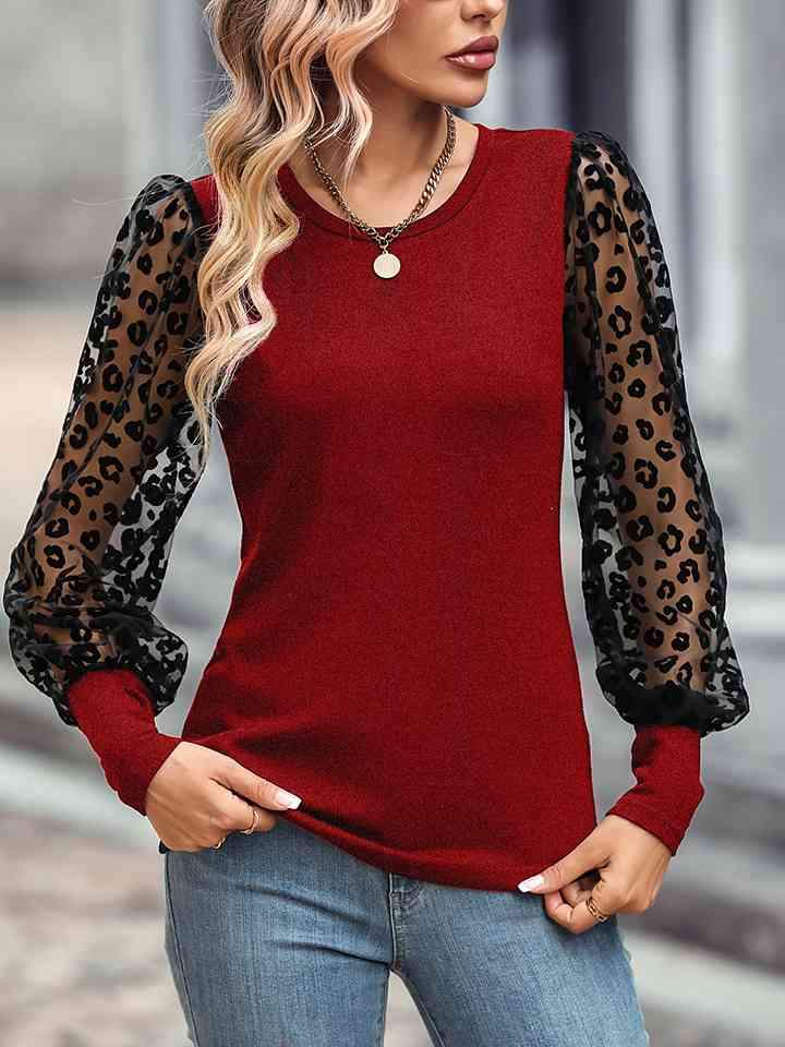 Leopard Round Neck Top Red Women's T-Shirts - Tophatter Daily Deals