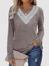 Lace Detail V-Neck Long Sleeve Top Mocha Women's T-Shirts - Tophatter Daily Deals