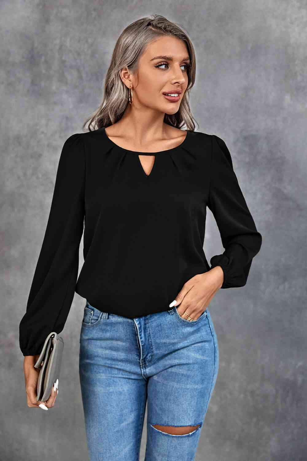 Pleated Detail Cutout Puff Sleeve Blouse Black Blouses - Tophatter Daily Deals