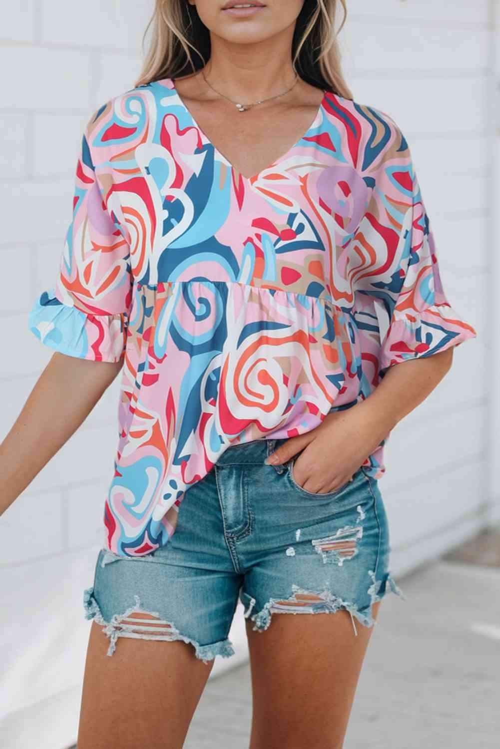 Printed V-Neck Flounce Sleeve Blouse Blouses - Tophatter Daily Deals