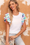 Multicolored Flutter Sleeve Round Neck Blouse Blouses - Tophatter Daily Deals