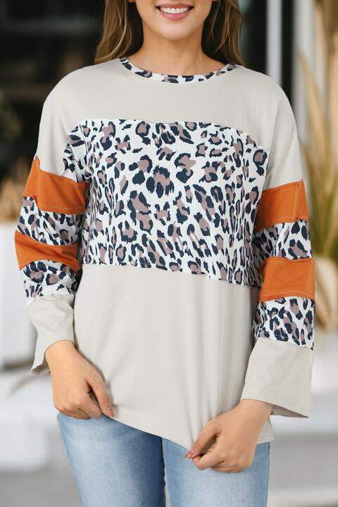 Leopard Long Sleeve Slit T-Shirt Women's T-Shirts - Tophatter Daily Deals