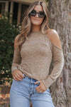 Heathered Round Neck Cold Shoulder T-Shirt Khaki Women's T-Shirts - Tophatter Daily Deals