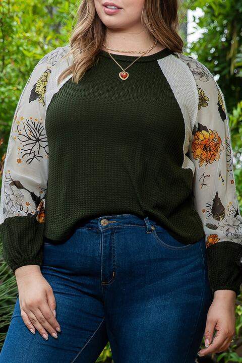 Plus Size Floral Waffle-Knit Round Neck Blouse Blouses - Tophatter Daily Deals