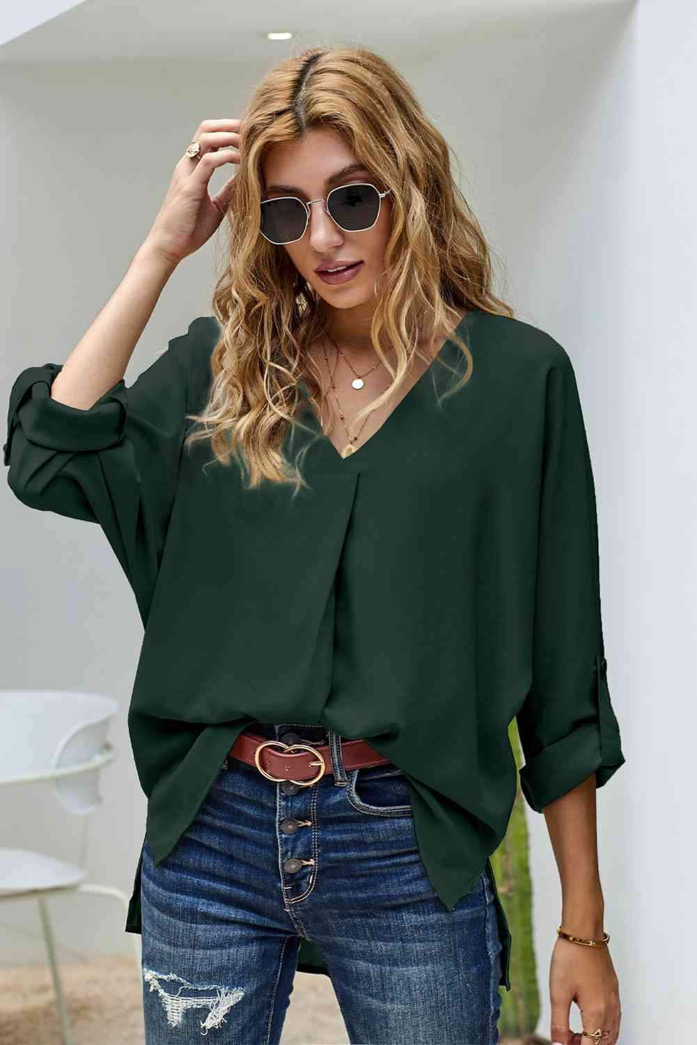 V-Neck Roll-Tab Sleeve Blouse Green Blouses - Tophatter Daily Deals