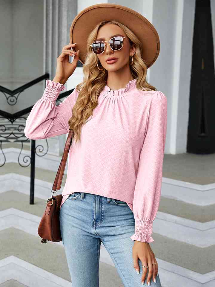 Round Neck Flounce Sleeve Blouse Carnation Pink Women's T-Shirts - Tophatter Daily Deals