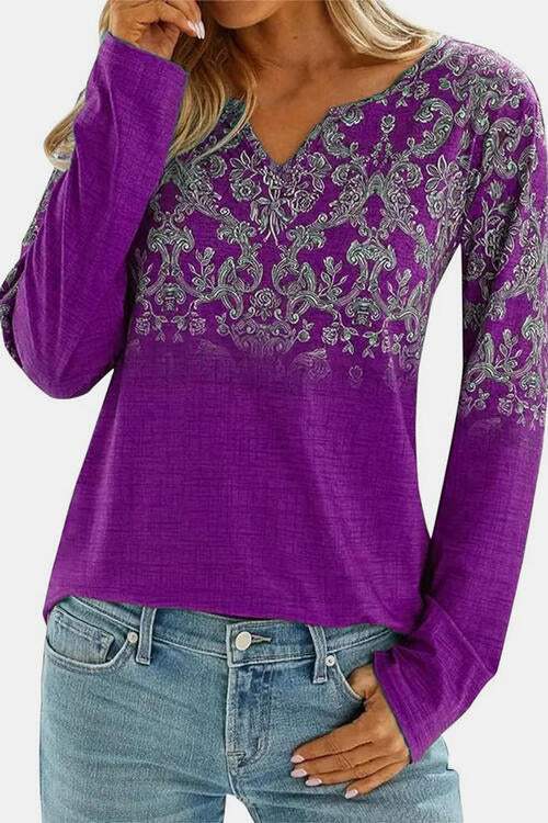 Printed Notched Long Sleeve T-Shirt Women's T-Shirts - Tophatter Daily Deals