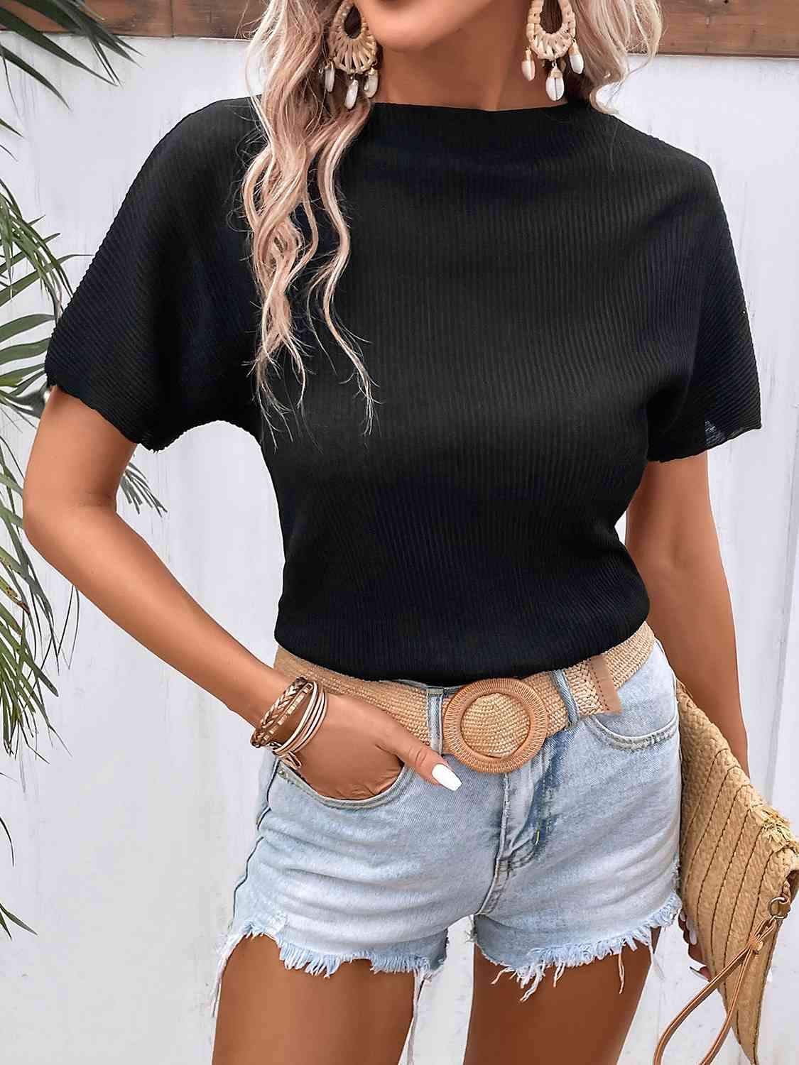 Ribbed Round Neck Short Sleeve T-Shirt Women's T-Shirts - Tophatter Daily Deals