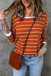 Striped Round Neck Long Sleeve T-Shirt Orange Women's T-Shirts - Tophatter Daily Deals