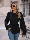 Round Neck Tie Waist Long Sleeve Blouse Black Blouses - Tophatter Daily Deals